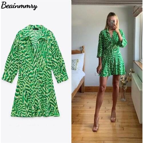 Za 2021 Spring And Summer Women Print Pleat Green Shirt Dress Female Long Sleeve Elastic Waist Single Breasted Casual Midi Dress