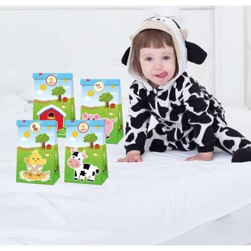 1set Farm Birthday Party Paper candy cookies bag 12 pcs and stickers 18 pieces Candy Bag for Farm Party gift Bag Birthday decor
