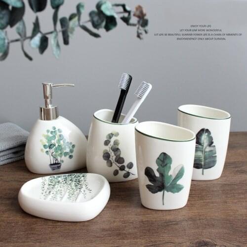 Nordic Green Plant Ceramic 5pcs Bathroom Products Bathroom Accessories Sets Wedding Bath Set Gifts Bathroom Storage Bottle 0946