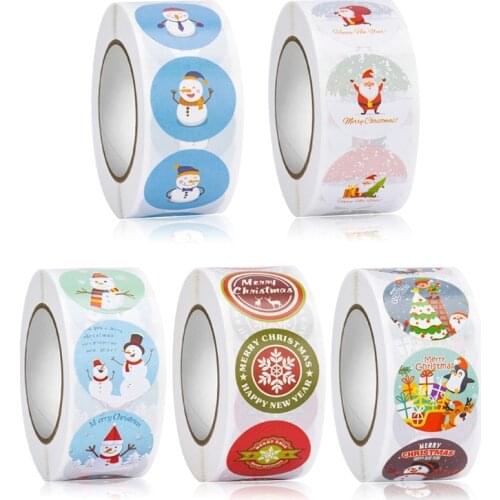 500 Pcs Round Christmas Label Stickers Tree Santa Snowman Elk Present Package Decor Craft Stationery Adhesive Sealing
