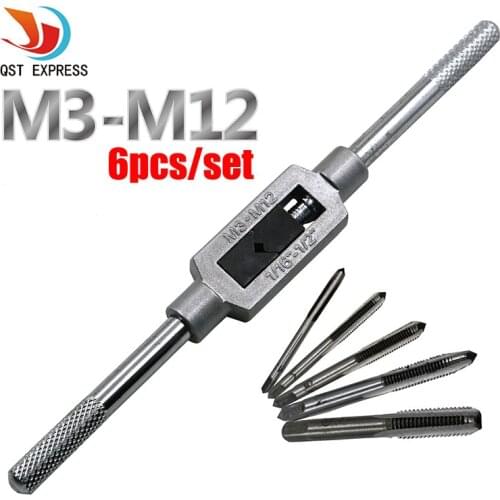 Free shipping New 6pcs 3F Hand Screw Thread Metric Plug Tap Set M3 M4 M5 M6 M8 with Adjustable Tap Wrench 1/16-1/2"