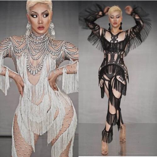 Green Rhinestone Fringe Long Sleeves Sexy Jumpsuit Women Dancer Singer Show Outfit Bar Birthday Prom Leggings Stage Wear DQS5262