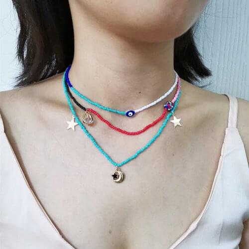 Fashion Gold Metal Crescent Star Pendant Imitation Pearl Beads Chain Necklace Womens Best Gift Jewelry Boho Resin Gem Necklace