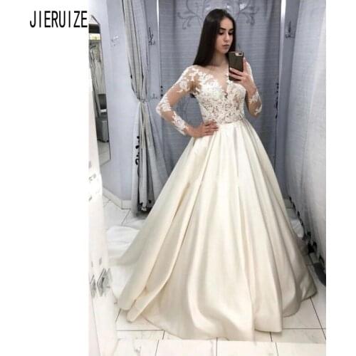 JIERUIZE Elegant Satin Lace Appliques Simple Wedding Dresses Sheer Long Sleeves Bridal Gowns robe de mariee