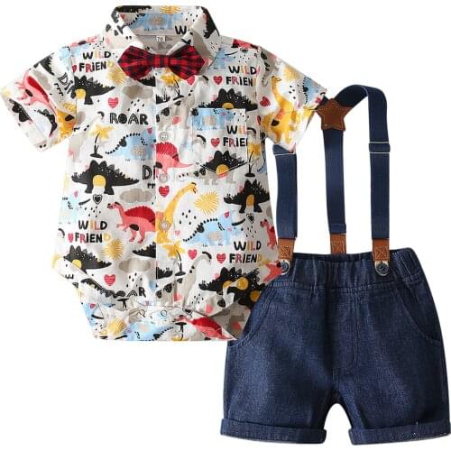 Baby boy’s Romper and Shorts Suit Cartoon Dinosaur Shirt Jumpsuit and Suspender Short Pants