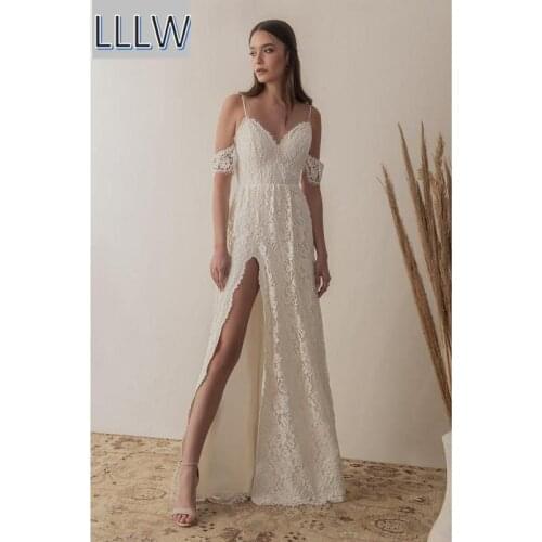 Boho Ivory Lace V-Neck Spaghetti Straps Floor-Length Beach Wedding Dresses Custom Made Bridal Gowns Split Skirt