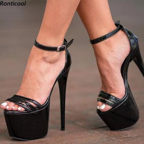 Ronticool Fashion Women Platform Sandals Ankle Strap Patent Leather Stiletto Heels Open Toe Black Night Club Shoes US Size 5-20