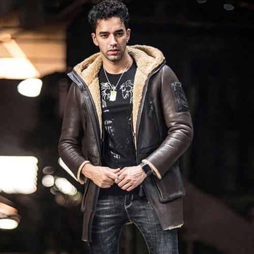 New Shearling Coat Mens Black Leather Jacket Long Fur Jacket Hooded Sheepskin Coat Mens Winter Coats