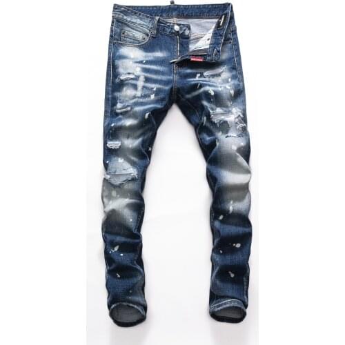 SEVEYFAN 2021 Mens Fashion Painted Jeans Ripped Patchwork Slim fit Denim Pants for Male