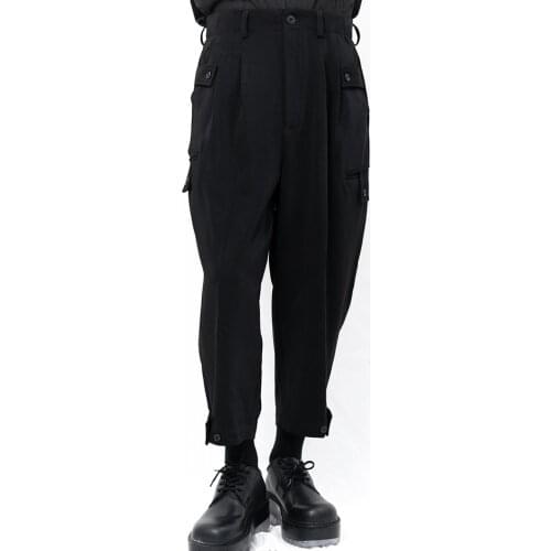 Yamamoto Style Mens Casual Pants Capris flat side pocket loose closure button deconstructs dark