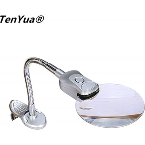 TenYua 2X 6X Table Magnifier Clip-on Desk Table Magnifying Glass Loup Lamp Magnifier With 2 LED