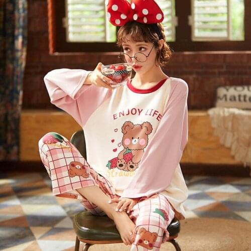 New Cotton Women Fall Bear Cartoon Winter Round Neck Full Sleeve Spring And Autumn Pajamas Set