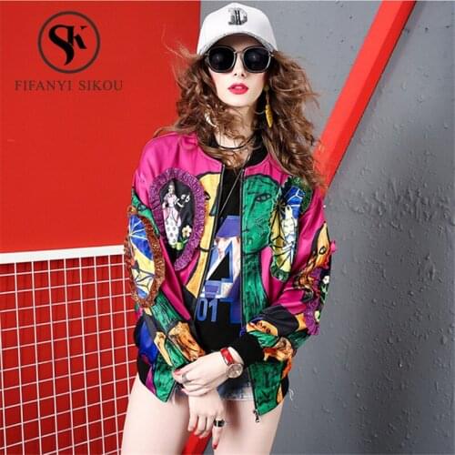 Spring Autumn Women Bomber Jacket Streetwear Fashion Print Long sleeve Hip hop Jackets Coat Loose Plus size Outerwear Female