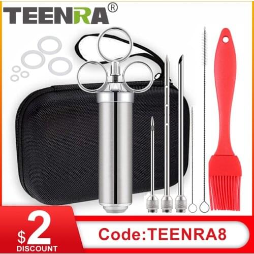 TEENRA 2-oz BBQ Seasoning Syringe Marinade Injector Stainless Steel Turkey Needle Syringe Set Meat Flavor Injector Kitchen Tools