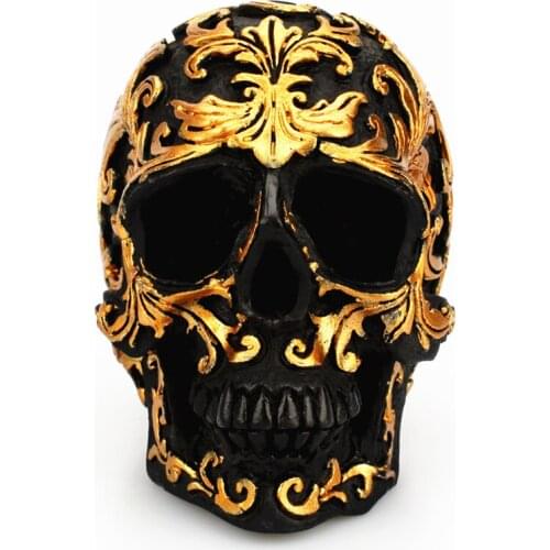 Retro Resin Black Skull Head Statues Golden Carving Skeleton Sculptures Desktop Crafts Halloween Home Decoration Accessories 50