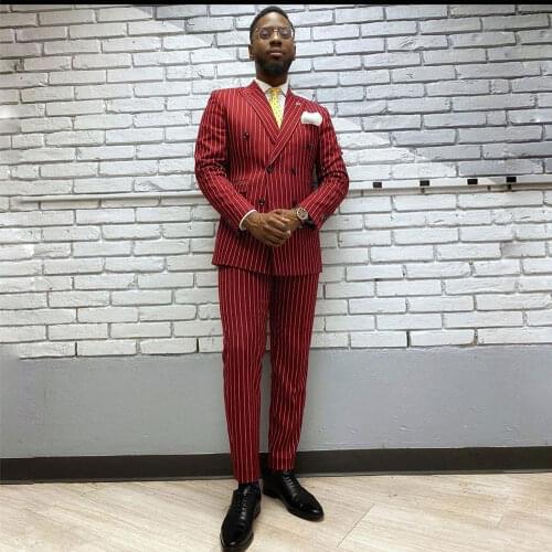 Dark Red Vertical Stripe Mens Suit Peaked Lapel For Wedding Blazers Male Tuxedos Double Breasted Prom Jackets With Trousers