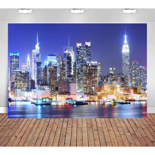 New York City Manhattan Night Scene Skyscraper Urban Light Photography Backdrop Vinyl Photo Background Studio Props