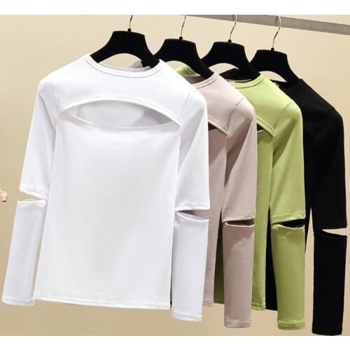 2021 Spring Tops Hollow Out T Shirt Women Casual Long Sleeve T-Shirt Korean Slim Basic Cotton Short Tshirt Female Woman Clothes