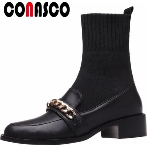 CONASCO Classic Design Women Ankle Boots Autumn Winter Warm Cow Leather Party Prom Office Lady Shoes Elegant Boots Woman