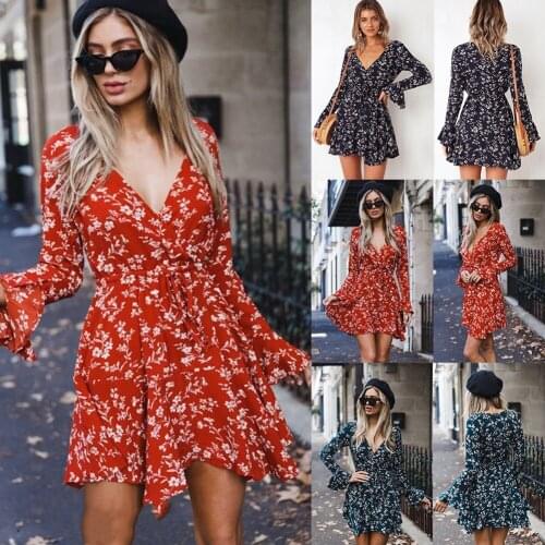 Women Casual V-Neck Short Summer Dresses Flower Ladies Autumn Long Sleeve Sexy Mini Dresses 2020