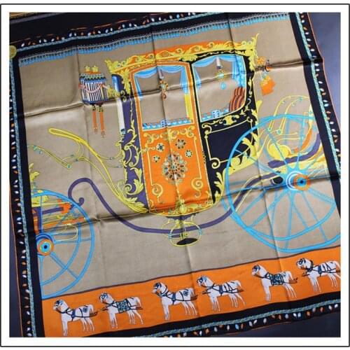 POBING 100% Real Silk Scarf Women Carriage Print Square Scarves Wraps Manual Hand Rolled Silk Foulards Femme Bandana Hijab110CM