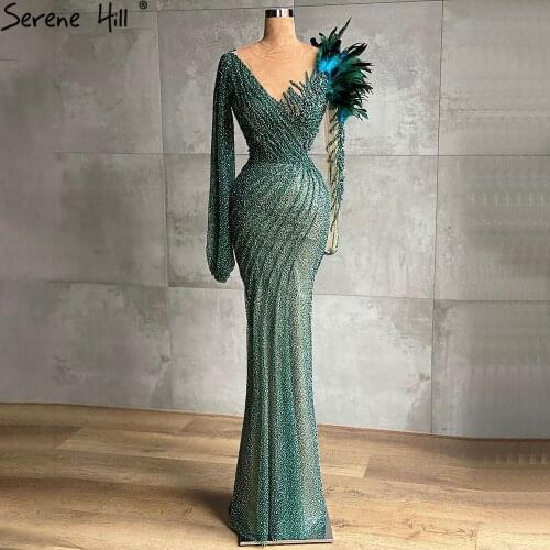 Serene Hill Muslim Green Elegant Evening Dresses Gowns 2021 Feathers Beaded Mermaid For Women Wedding Party CLA71194