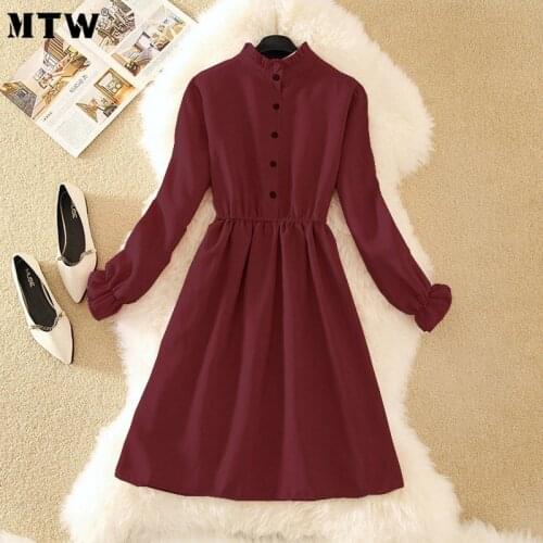 Elegant Women Office Dress 2020 Casual Long Sleeve Solid Corduroy Dress Autumn Korean Button Midi Dress Retro Party Dresses