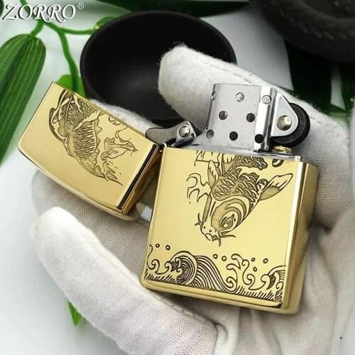 Zorro Kerosene Lighter Windproof Pure Copper Carving Lucky Fish Pattern Gasoline Lighter Men Gift Smoking Kitchen Tool