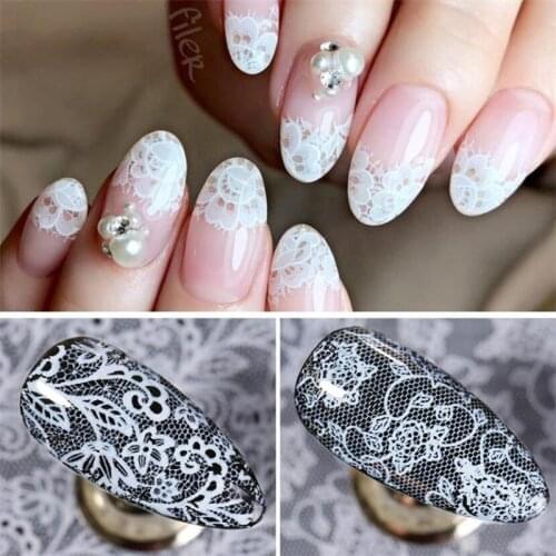 16 Sheet Black Lace Flower Nails Sticker White Star Transfer Nail Foil Adhesive Manicure Nail Stickers Designer Art Decoration