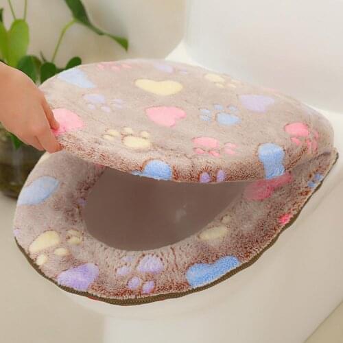 2Pcs Footprint Heart Print Round Comfortable Soft Warm Toilet Seat Cushion Lid Cover Set Home Decoration