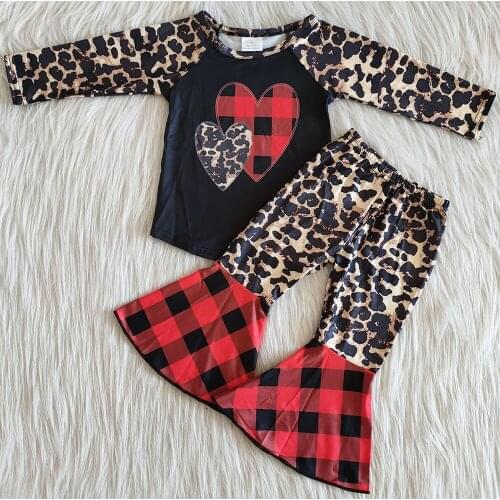 2021 Fashion Girls Clothing Valentines Outfits Long Sleeve Shirt Leopard Bell Bottom Boutique Outfits Toddler Baby Girl Clothing