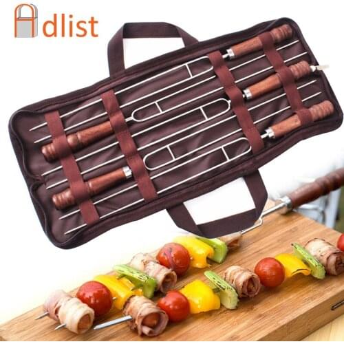 5pcs U Shape Kabob Skewers Wood Handle Barbecue Skewer Stainless Steel BBQ Needle Grill Forks Sticks with Storage Bag 42cm
