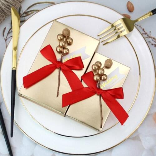 50Pcs Gold Boxes with Wedding Ribbon Candy Box for Bridal Shower Wedding Party Supplies