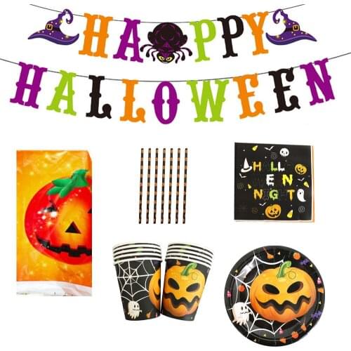98pcs Happy Halloween Disposable Tableware Halloween Party Decorations Disposable Straws Plates Cups Napkins Banners