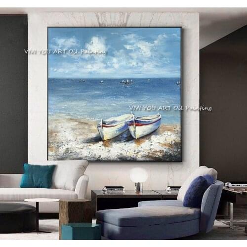 Abstract Landscape Handmade Oil Painting Sea Sailboat Canvas Painting Wall Art Poster Square Modular Picture Nordic Home Decor
