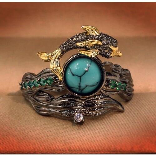 Bohemian Ethnic Style Rings for Women Exquisite Carved Turquoise 925 Sterling Silver Rings Female Cocktail Party Rings