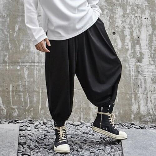 Mens trousers summer relaxed fold nine minutes pants small foot pants mens casual harem pants large size sports pants black