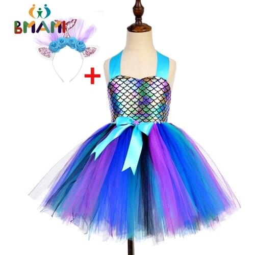 Little Mermaid Princess COSPLAY Dresses for Girls Kids Costumes Baby Girl Outfit Christmas Tutu Dress with Headband 1-8 Years