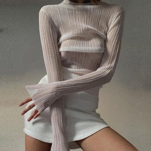 Elegant and Fashionable Ruffled See-through Wood Ear Round Neck Blue Long-sleeved Womens Tops Fall Elegant Short Slim T-shirt