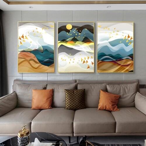 Birds Flock Mountain Clouds Canvas Print Abstract Nature Wall Art Nordic Painting Contemporary Picture Living Room Decoration