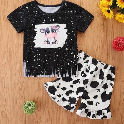 Toddler Girls 2Pcs Summer Outfits, Short Sleeve Cartoon Cow Print T-Shirts + Elastic High Waist Ruffle Shorts Set