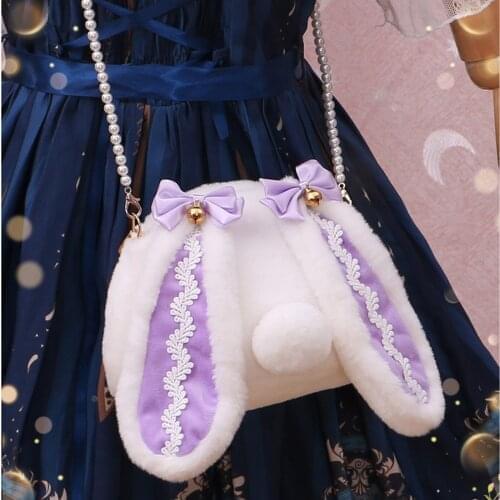 Cute Plush Crossbody Bag Cartoon Rabbit Ears Bow Bells Shoulder Bag Kawaii Pearl Chain Phone Money Pocket Travel Messenger Bags