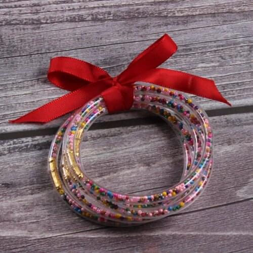 Trendy Cute Beads Bowknot Glitter Bangles Set All Weather Stack Silicone Plastic Glitter Jelly Bangles 5pcs/set