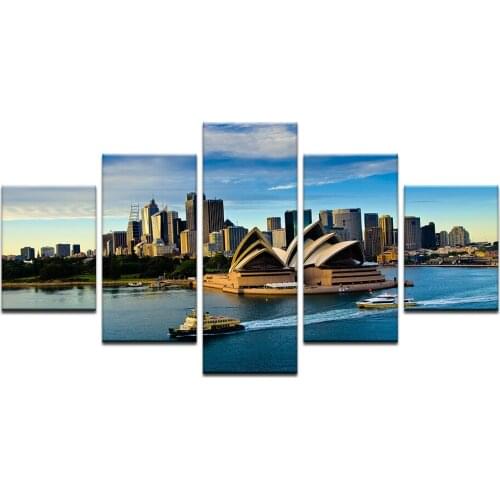 Modular Wall Art Poster Frame Room Home Decor Canvas Pictures 5 Pcs Sydney Opera House Building Boat Seascape Painting