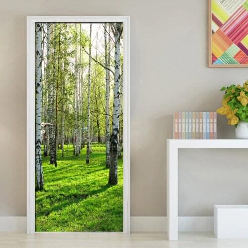 Pastoral Style 3D Green Forest Door Mural Living Room Bedroom Door Wallpaper Home PVC Waterproof Self-adhesive Door Sticker Wall