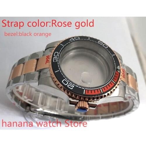 NEW 904L stainless steel rose gold strap bracelet with 40mm sapphire glass ETA mingzhuji NH36 MH35 case, bezel black orange