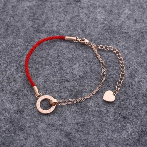 New Stylish Roman Digital Titanium Red Rope Bracelet With Rose Gold Universal Double-Ring Ornament Jewelry For Men And Women