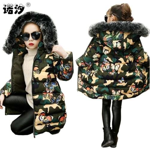 Girls clothes kids winter thickening cotton jacket girls long style butterfly camouflage warmly coat girls tops baby outwear