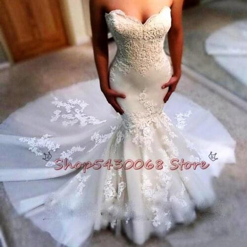 Romantic Sweethart Strapless Mermaid Wedding Dress Long Lace Applique Tulle Bride Dresses Wedding Gowns Vestido de noiva