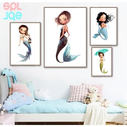 Mermaid Little Princess Poster Baby Girl Bedroom Decoration Cute Cartoon Minimalist Printed Canvas Painting Modern Home Decor